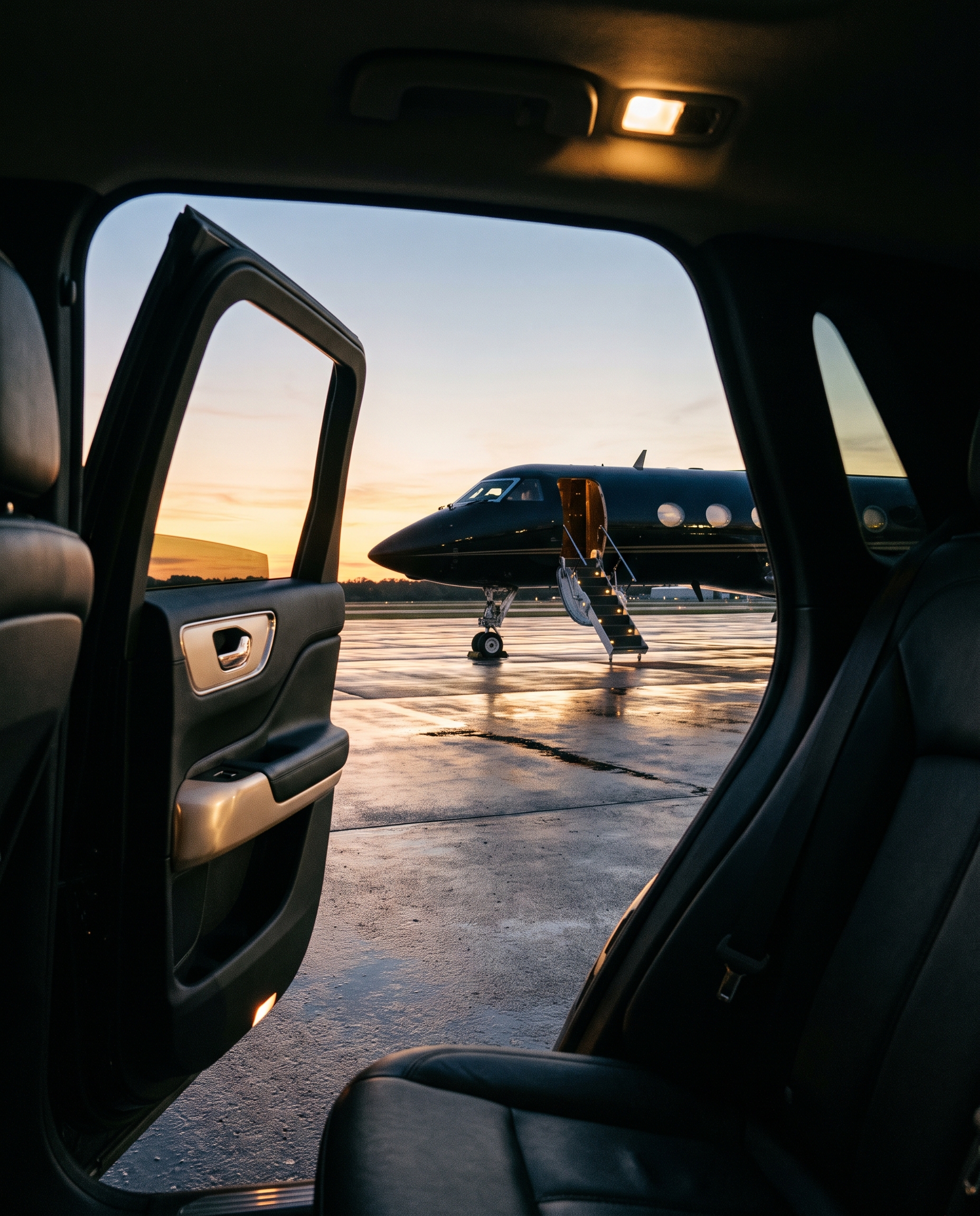 The open door of a black car framing a black private jet with its airstair lowered at sunset