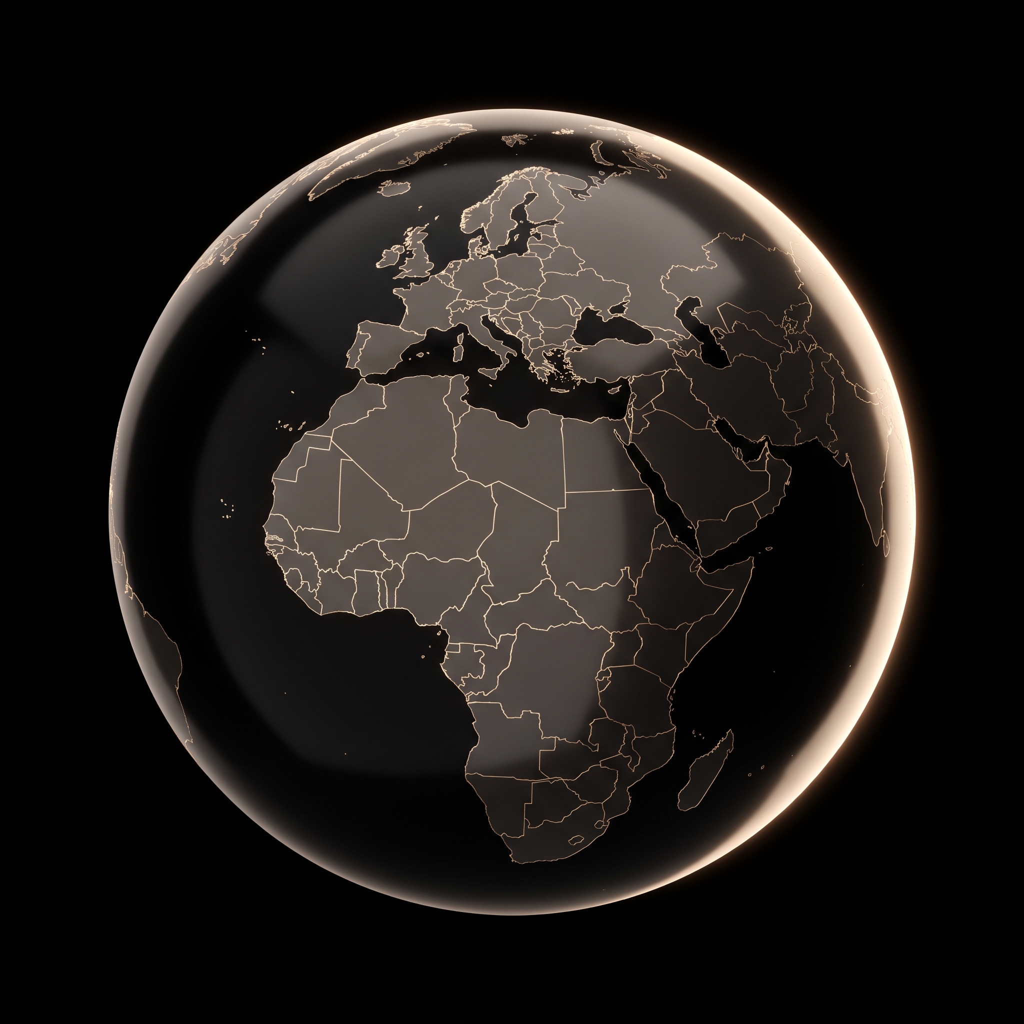 A dark globe with Europe, Africa and the Middle East traced in champagne gold